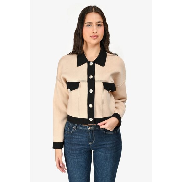 NWT Sandro Cher Cropped Cardigan Beige Black Topstitch Button Up Size 0 / XS - Picture 9 of 13